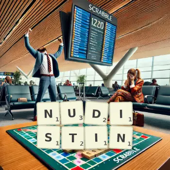 Kreative Illustration für ein Scrabble-Spiel, bei dem das Wort NUDISTIN mit Steinen auf dem Brett gelegt wurde.