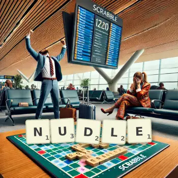 Kreative Illustration für ein Scrabble-Spiel, bei dem das Wort NUDLE mit Steinen auf dem Brett gelegt wurde.