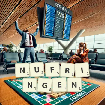 Kreative Illustration für ein Scrabble-Spiel, bei dem das Wort NUFRINGEN mit Steinen auf dem Brett gelegt wurde.