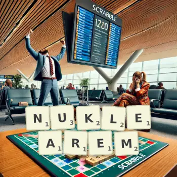Kreative Illustration für ein Scrabble-Spiel, bei dem das Wort NUKLEAREM mit Steinen auf dem Brett gelegt wurde.