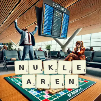 Kreative Illustration für ein Scrabble-Spiel, bei dem das Wort NUKLEAREN mit Steinen auf dem Brett gelegt wurde.