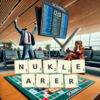 Kreative Illustration für ein Scrabble-Spiel, bei dem das Wort NUKLEARER mit Steinen auf dem Brett gelegt wurde.