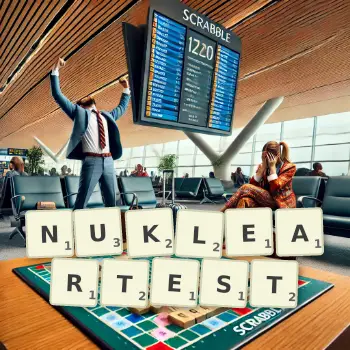 Kreative Illustration für ein Scrabble-Spiel, bei dem das Wort NUKLEARTEST mit Steinen auf dem Brett gelegt wurde.