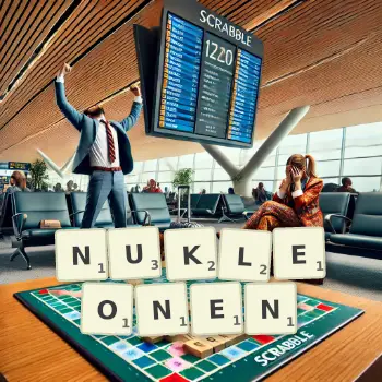 Kreative Illustration für ein Scrabble-Spiel, bei dem das Wort NUKLEONEN mit Steinen auf dem Brett gelegt wurde.