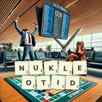 Kreative Illustration für ein Scrabble-Spiel, bei dem das Wort NUKLEOTID mit Steinen auf dem Brett gelegt wurde.