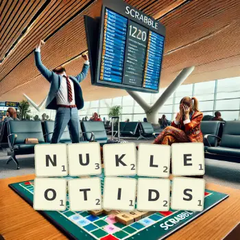 Kreative Illustration für ein Scrabble-Spiel, bei dem das Wort NUKLEOTIDS mit Steinen auf dem Brett gelegt wurde.