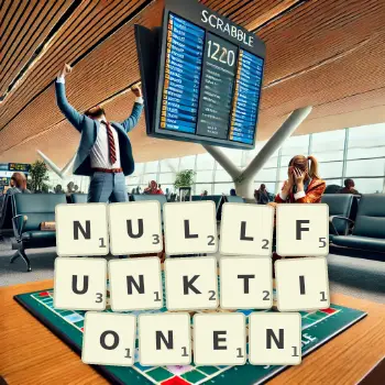 Kreative Illustration für ein Scrabble-Spiel, bei dem das Wort NULLFUNKTIONEN mit Steinen auf dem Brett gelegt wurde.