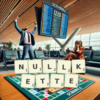 Kreative Illustration für ein Scrabble-Spiel, bei dem das Wort NULLKETTE mit Steinen auf dem Brett gelegt wurde.