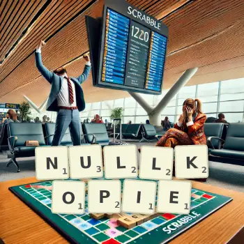 Kreative Illustration für ein Scrabble-Spiel, bei dem das Wort NULLKOPIE mit Steinen auf dem Brett gelegt wurde.