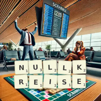 Kreative Illustration für ein Scrabble-Spiel, bei dem das Wort NULLKREISE mit Steinen auf dem Brett gelegt wurde.