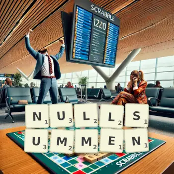 Kreative Illustration für ein Scrabble-Spiel, bei dem das Wort NULLSUMMEN mit Steinen auf dem Brett gelegt wurde.