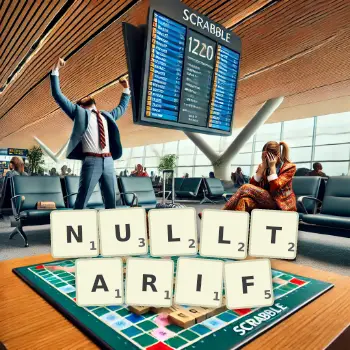 Kreative Illustration für ein Scrabble-Spiel, bei dem das Wort NULLTARIF mit Steinen auf dem Brett gelegt wurde.