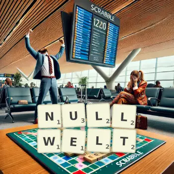 Kreative Illustration für ein Scrabble-Spiel, bei dem das Wort NULLWELT mit Steinen auf dem Brett gelegt wurde.