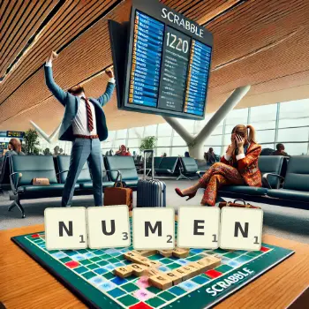 Kreative Illustration für ein Scrabble-Spiel, bei dem das Wort NUMEN mit Steinen auf dem Brett gelegt wurde.