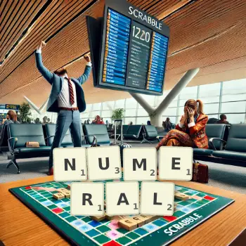 Kreative Illustration für ein Scrabble-Spiel, bei dem das Wort NUMERAL mit Steinen auf dem Brett gelegt wurde.