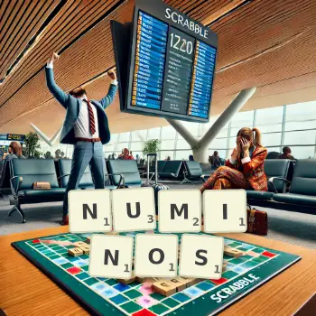 Kreative Illustration für ein Scrabble-Spiel, bei dem das Wort NUMINOS mit Steinen auf dem Brett gelegt wurde.