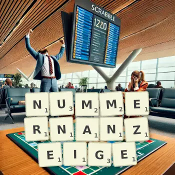 Kreative Illustration für ein Scrabble-Spiel, bei dem das Wort NUMMERNANZEIGE mit Steinen auf dem Brett gelegt wurde.