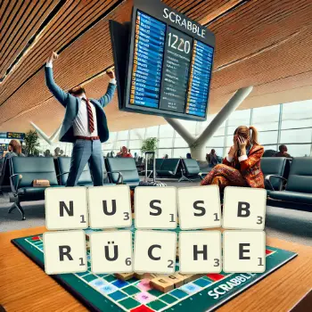 Kreative Illustration für ein Scrabble-Spiel, bei dem das Wort NUSSBRÜCHE mit Steinen auf dem Brett gelegt wurde.
