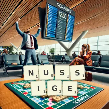 Kreative Illustration für ein Scrabble-Spiel, bei dem das Wort NUSSIGE mit Steinen auf dem Brett gelegt wurde.