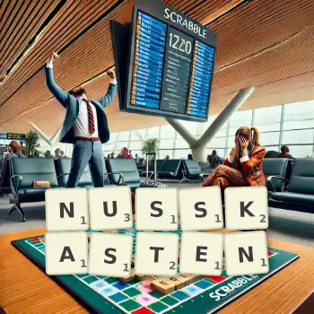 Kreative Illustration für ein Scrabble-Spiel, bei dem das Wort NUSSKASTEN mit Steinen auf dem Brett gelegt wurde.