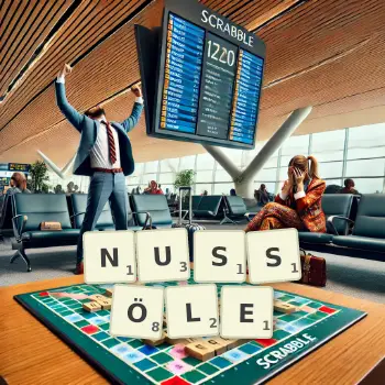 Kreative Illustration für ein Scrabble-Spiel, bei dem das Wort NUSSÖLE mit Steinen auf dem Brett gelegt wurde.