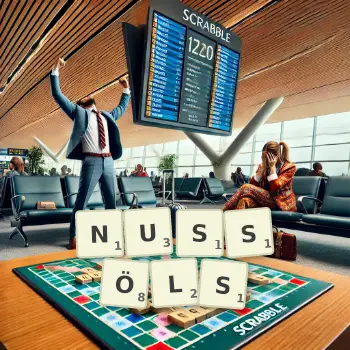 Kreative Illustration für ein Scrabble-Spiel, bei dem das Wort NUSSÖLS mit Steinen auf dem Brett gelegt wurde.
