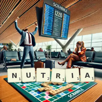 Kreative Illustration für ein Scrabble-Spiel, bei dem das Wort NUTRIA mit Steinen auf dem Brett gelegt wurde.