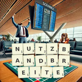 Kreative Illustration für ein Scrabble-Spiel, bei dem das Wort NUTZBANDBREITE mit Steinen auf dem Brett gelegt wurde.