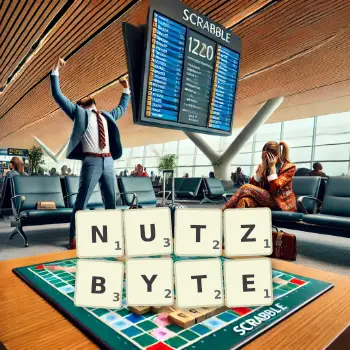 Kreative Illustration für ein Scrabble-Spiel, bei dem das Wort NUTZBYTE mit Steinen auf dem Brett gelegt wurde.