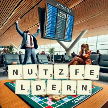 Kreative Illustration für ein Scrabble-Spiel, bei dem das Wort NUTZFELDERN mit Steinen auf dem Brett gelegt wurde.