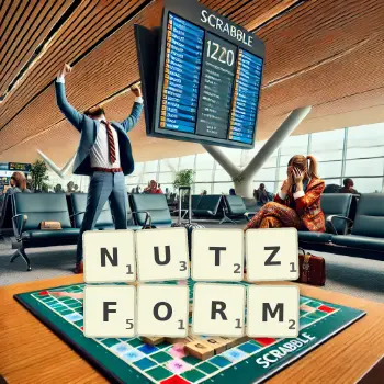 Kreative Illustration für ein Scrabble-Spiel, bei dem das Wort NUTZFORM mit Steinen auf dem Brett gelegt wurde.