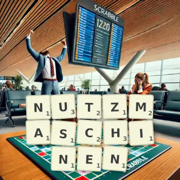 Kreative Illustration für ein Scrabble-Spiel, bei dem das Wort NUTZMASCHINEN mit Steinen auf dem Brett gelegt wurde.