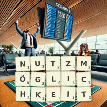 Kreative Illustration für ein Scrabble-Spiel, bei dem das Wort NUTZMÖGLICHKEIT mit Steinen auf dem Brett gelegt wurde.