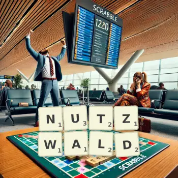 Kreative Illustration für ein Scrabble-Spiel, bei dem das Wort NUTZWALD mit Steinen auf dem Brett gelegt wurde.