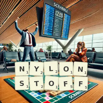 Kreative Illustration für ein Scrabble-Spiel, bei dem das Wort NYLONSTOFF mit Steinen auf dem Brett gelegt wurde.