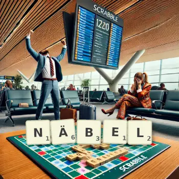 Kreative Illustration für ein Scrabble-Spiel, bei dem das Wort NÄBEL mit Steinen auf dem Brett gelegt wurde.