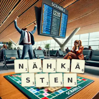 Kreative Illustration für ein Scrabble-Spiel, bei dem das Wort NÄHKÄSTEN mit Steinen auf dem Brett gelegt wurde.