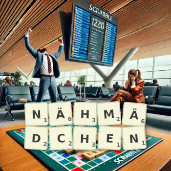 Kreative Illustration für ein Scrabble-Spiel, bei dem das Wort NÄHMÄDCHEN mit Steinen auf dem Brett gelegt wurde.