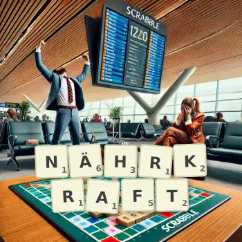 Kreative Illustration für ein Scrabble-Spiel, bei dem das Wort NÄHRKRAFT mit Steinen auf dem Brett gelegt wurde.