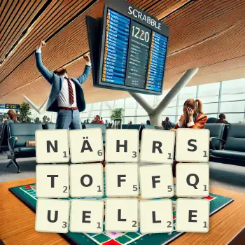 Kreative Illustration für ein Scrabble-Spiel, bei dem das Wort NÄHRSTOFFQUELLE mit Steinen auf dem Brett gelegt wurde.