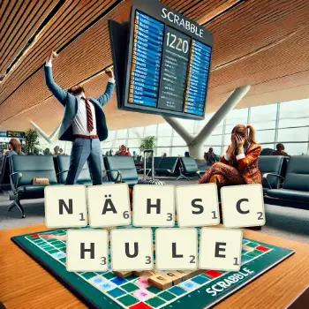 Kreative Illustration für ein Scrabble-Spiel, bei dem das Wort NÄHSCHULE mit Steinen auf dem Brett gelegt wurde.