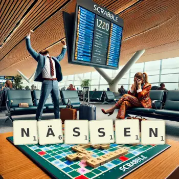 Kreative Illustration für ein Scrabble-Spiel, bei dem das Wort NÄSSEN mit Steinen auf dem Brett gelegt wurde.