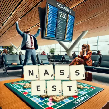 Kreative Illustration für ein Scrabble-Spiel, bei dem das Wort NÄSSEST mit Steinen auf dem Brett gelegt wurde.