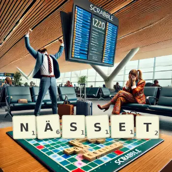 Kreative Illustration für ein Scrabble-Spiel, bei dem das Wort NÄSSET mit Steinen auf dem Brett gelegt wurde.