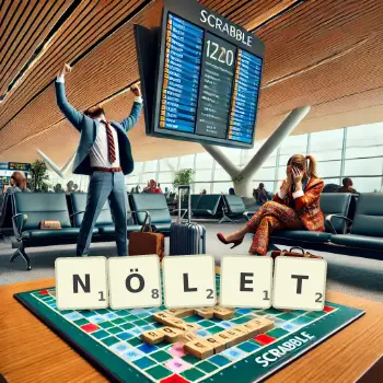 Kreative Illustration für ein Scrabble-Spiel, bei dem das Wort NÖLET mit Steinen auf dem Brett gelegt wurde.