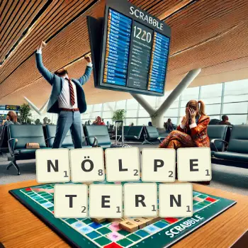 Kreative Illustration für ein Scrabble-Spiel, bei dem das Wort NÖLPETERN mit Steinen auf dem Brett gelegt wurde.