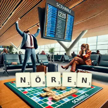 Kreative Illustration für ein Scrabble-Spiel, bei dem das Wort NÖREN mit Steinen auf dem Brett gelegt wurde.