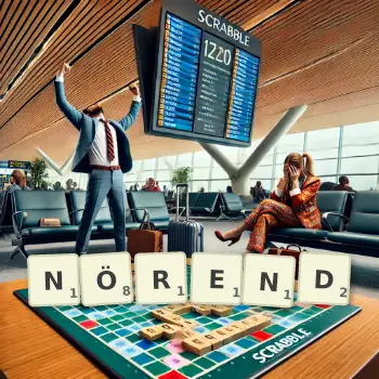 Kreative Illustration für ein Scrabble-Spiel, bei dem das Wort NÖREND mit Steinen auf dem Brett gelegt wurde.