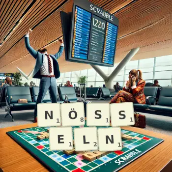 Kreative Illustration für ein Scrabble-Spiel, bei dem das Wort NÖSSELN mit Steinen auf dem Brett gelegt wurde.