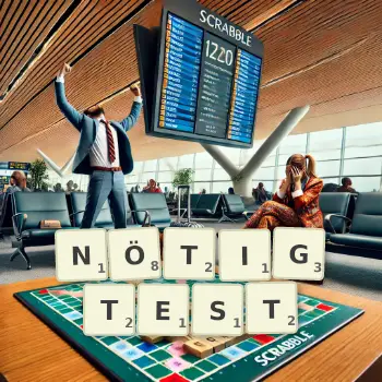 Kreative Illustration für ein Scrabble-Spiel, bei dem das Wort NÖTIGTEST mit Steinen auf dem Brett gelegt wurde.